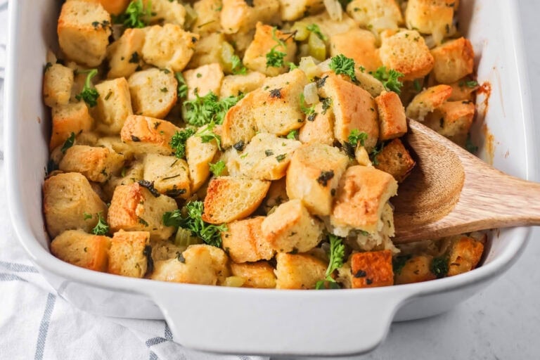 Baked make ahead stuffing in a 9x13 dish.