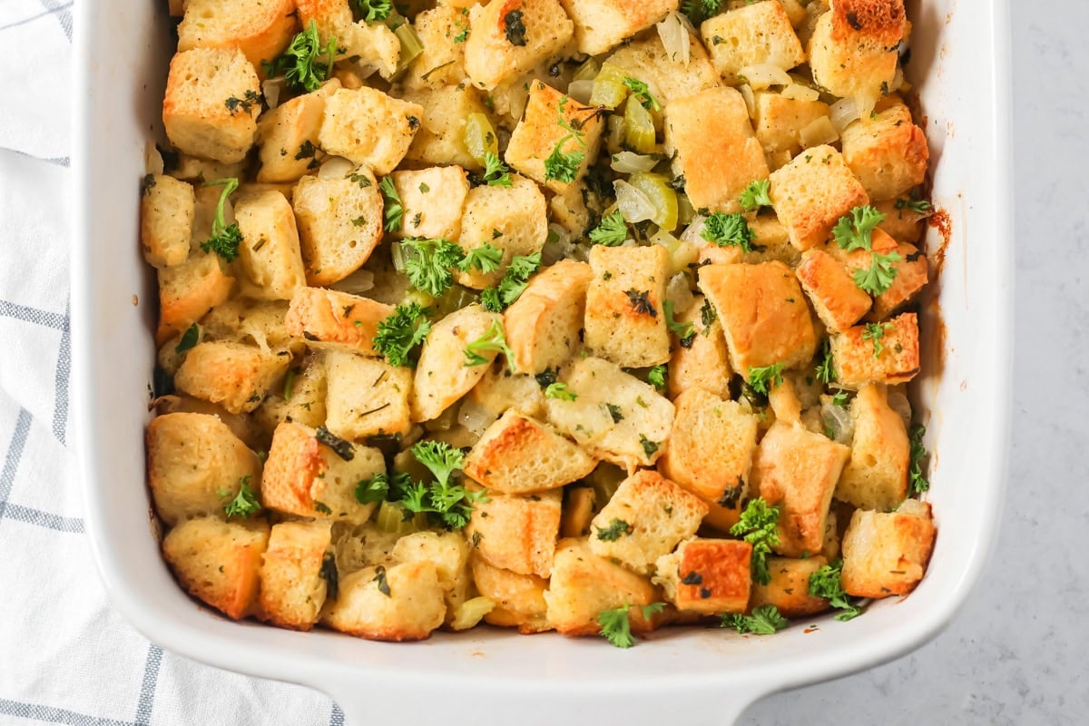 Make ahead stuffing topped with fresh herbs.