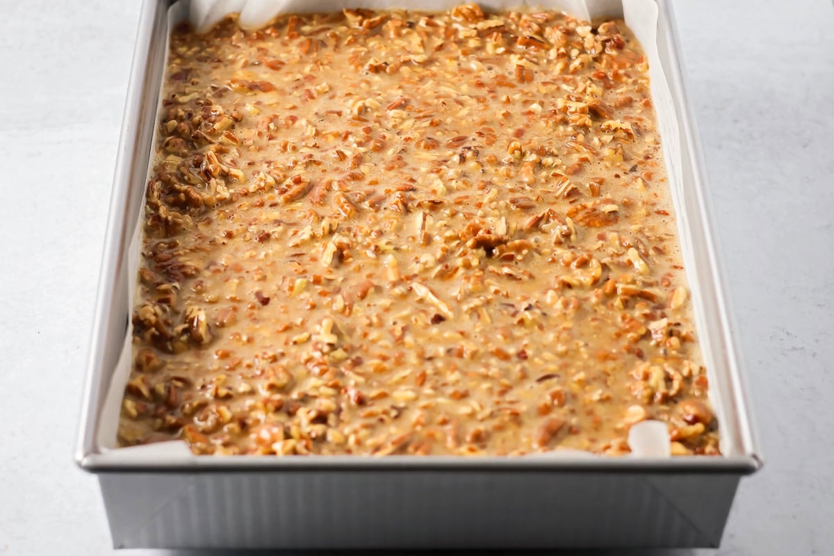 Pecan pie brownies ready for baking.