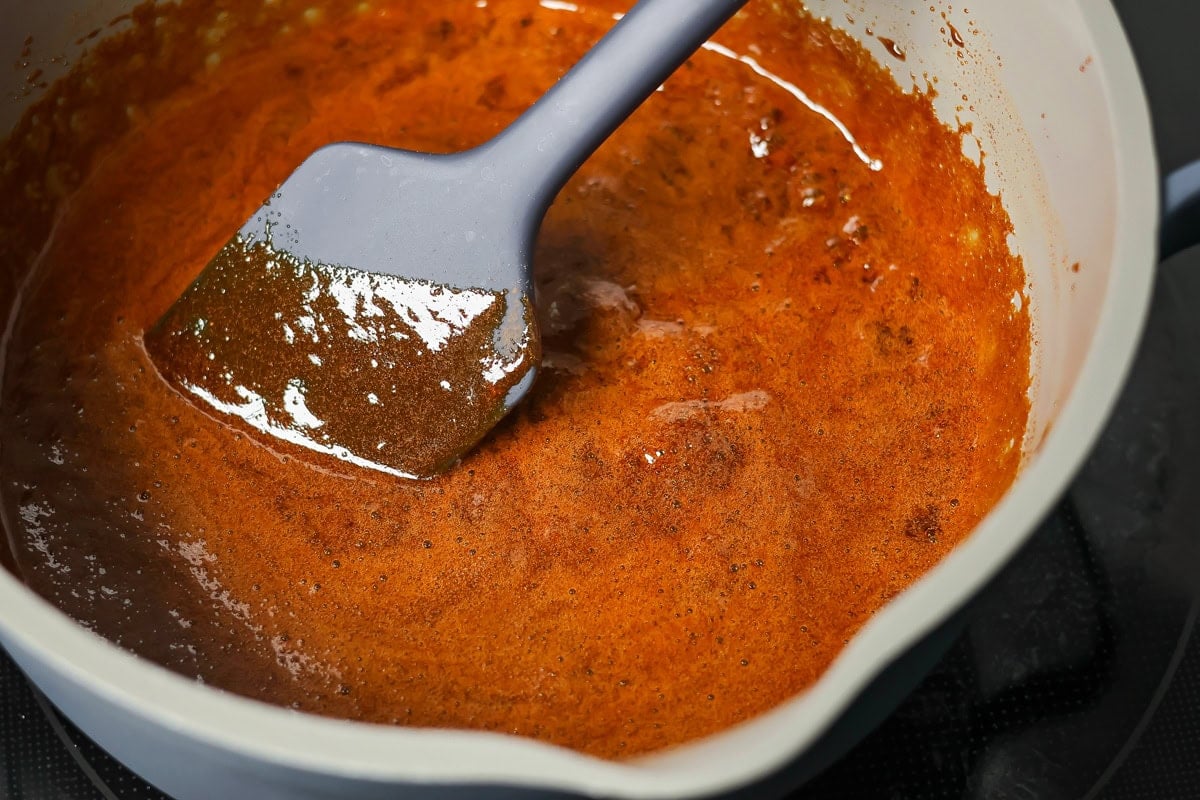 A pot of ingredients melting to make pepparkaka dough.