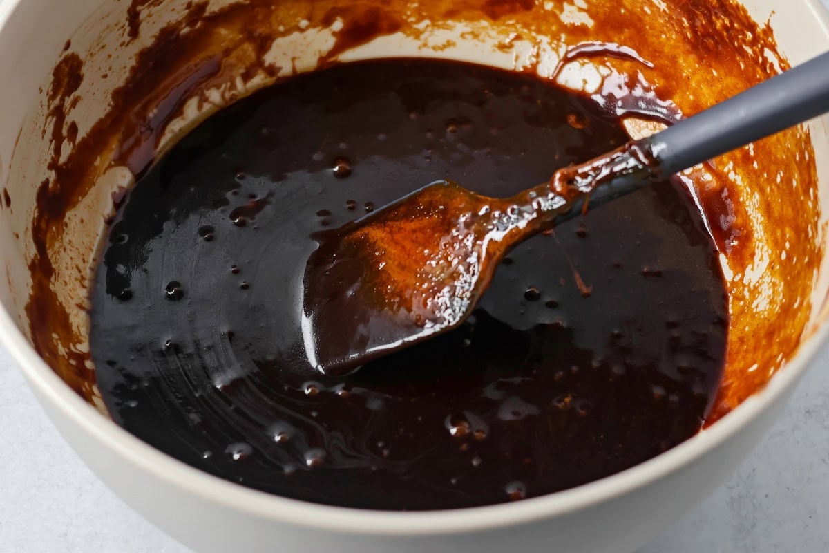 A bowl of molasses mixture to make pepparkaka dough.