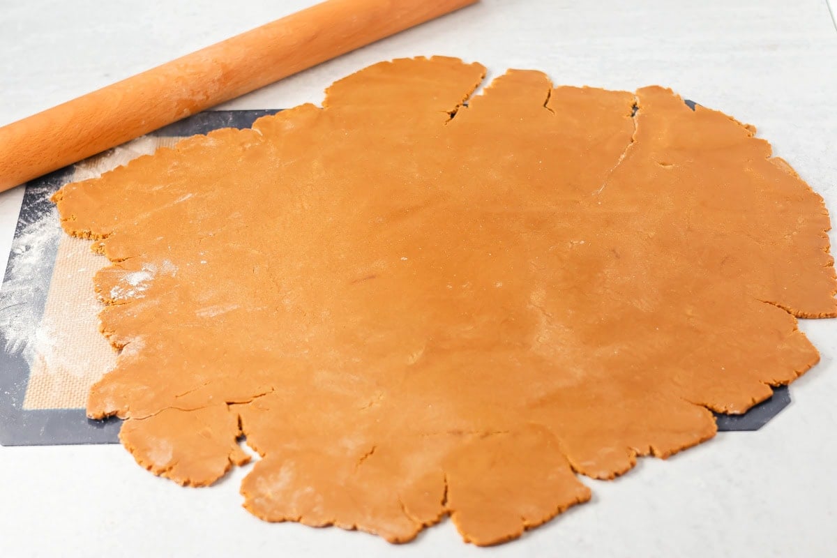 Rolled pepparkaka dough ready to be cut into shapes.