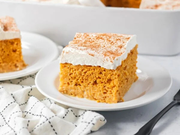 Pumpkin tres leches cake sliced and served on a white plate.