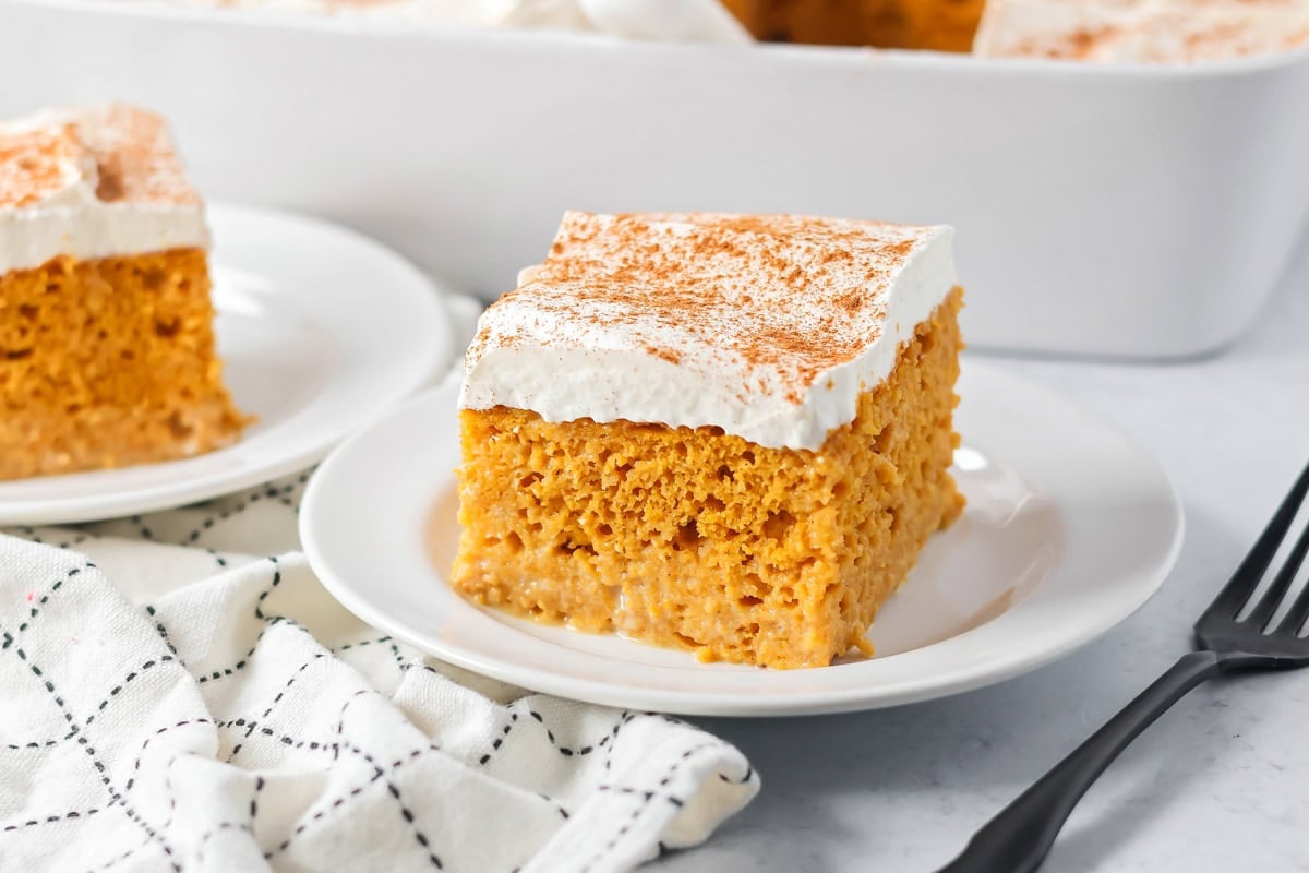 Pumpkin tres leches cake sliced and served on a white plate.