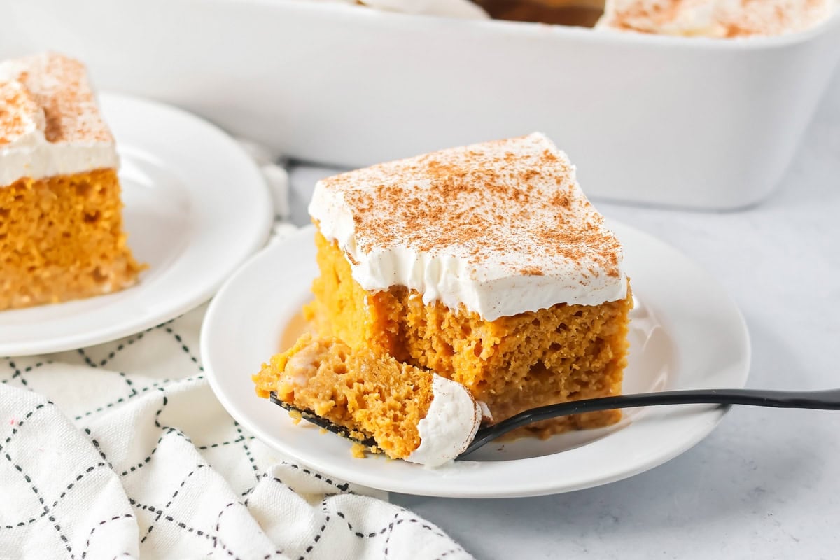 Eating a slice of pumpkin tres leches cake.