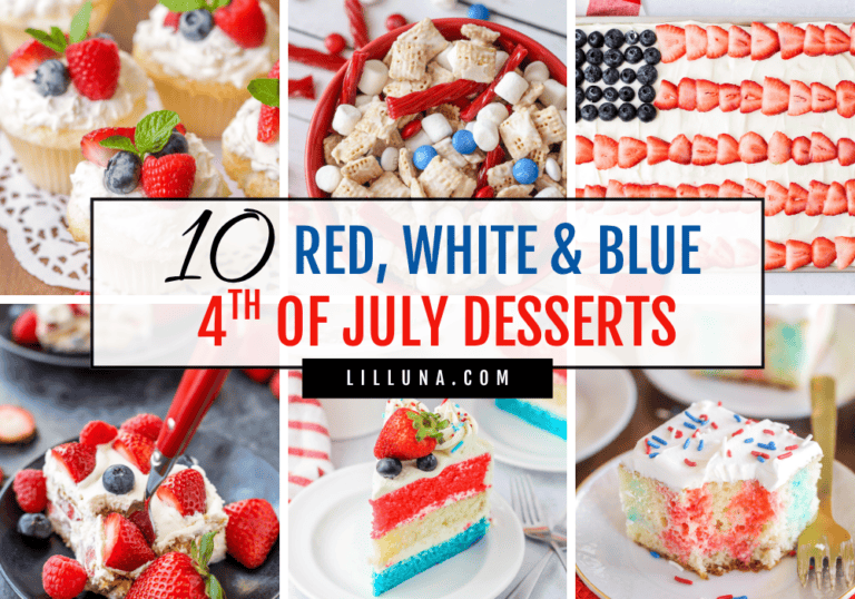 Collage of Red, White and Blue 4th of July Desserts.