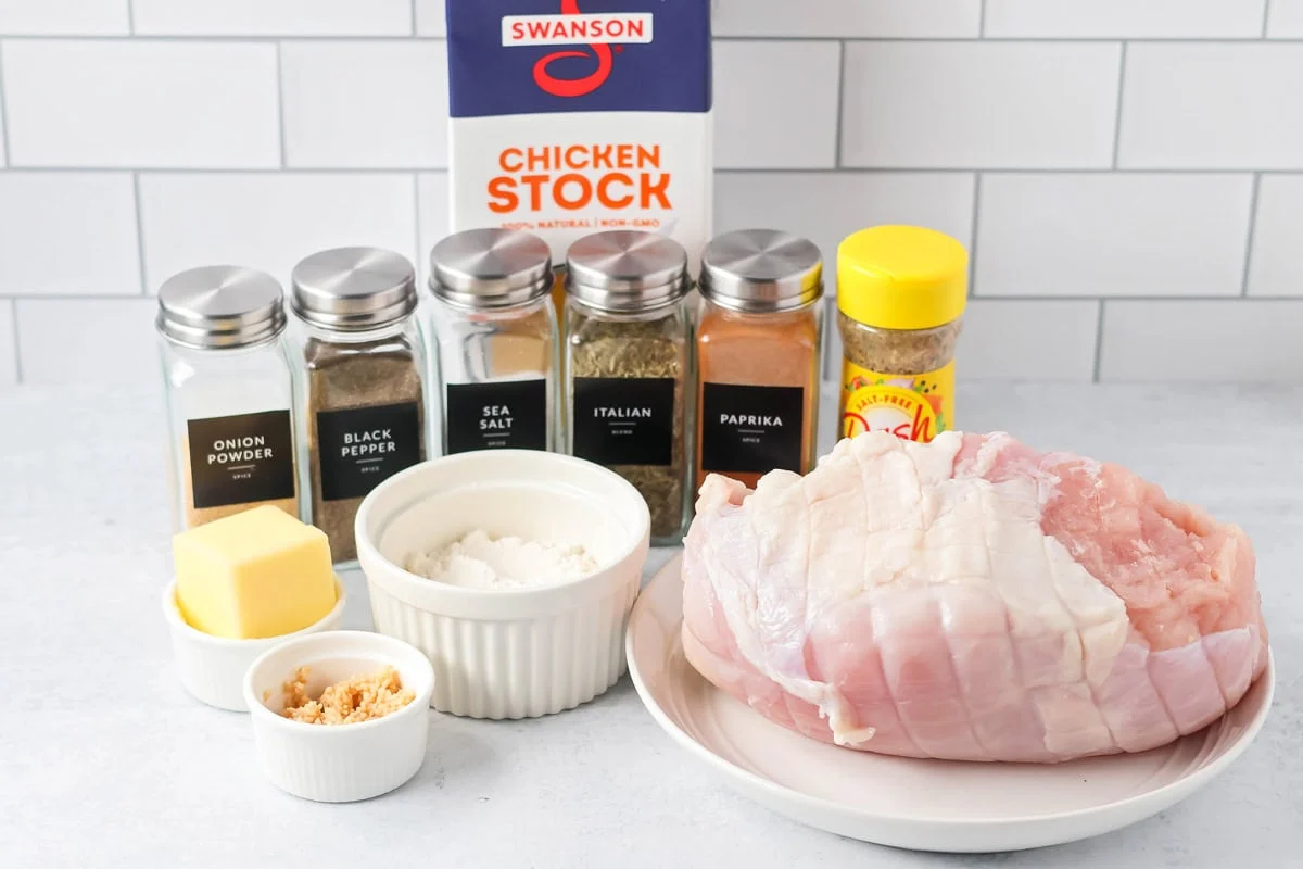 Roasted turkey breast ingredients on a kitchen counter.