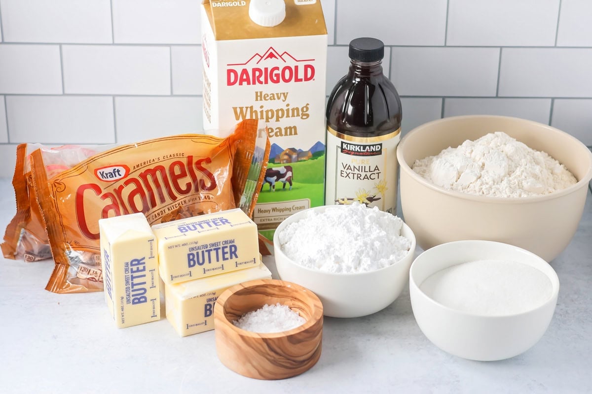 Salted caramel cookie bars ingredients on a kitchen counter.