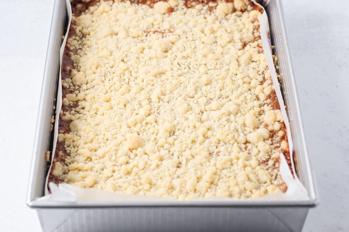 Baked salted caramel cookie bars straight from the oven.