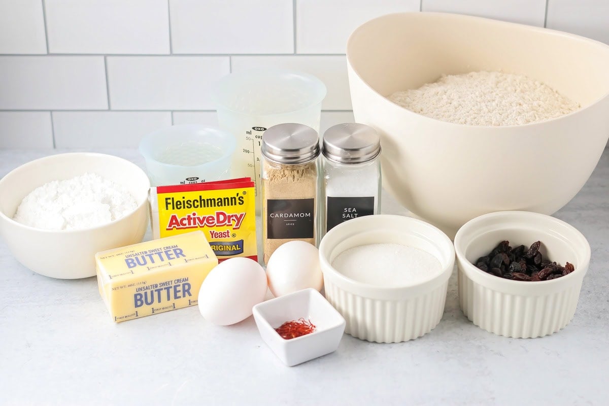 Ingredients for St. Lucia Buns recipe on a kitchen counter.