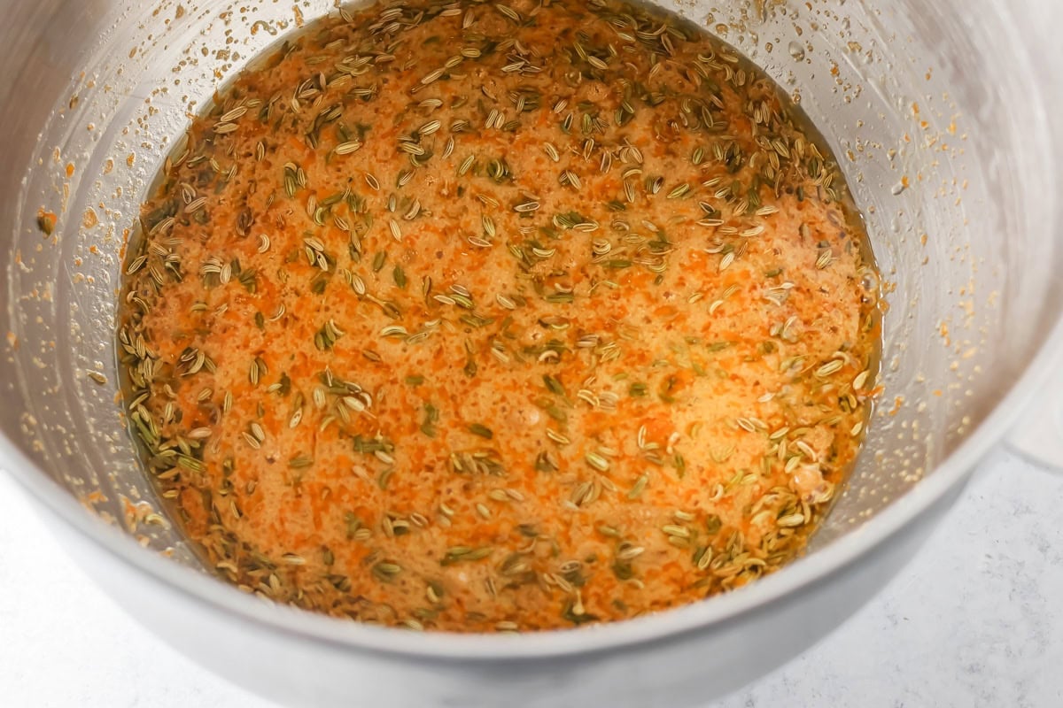 Spices in a bowl for making Swedish limpa bread dough.