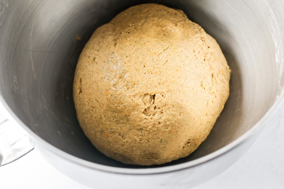 Swedish limpa bread dough in a mixing bowl.