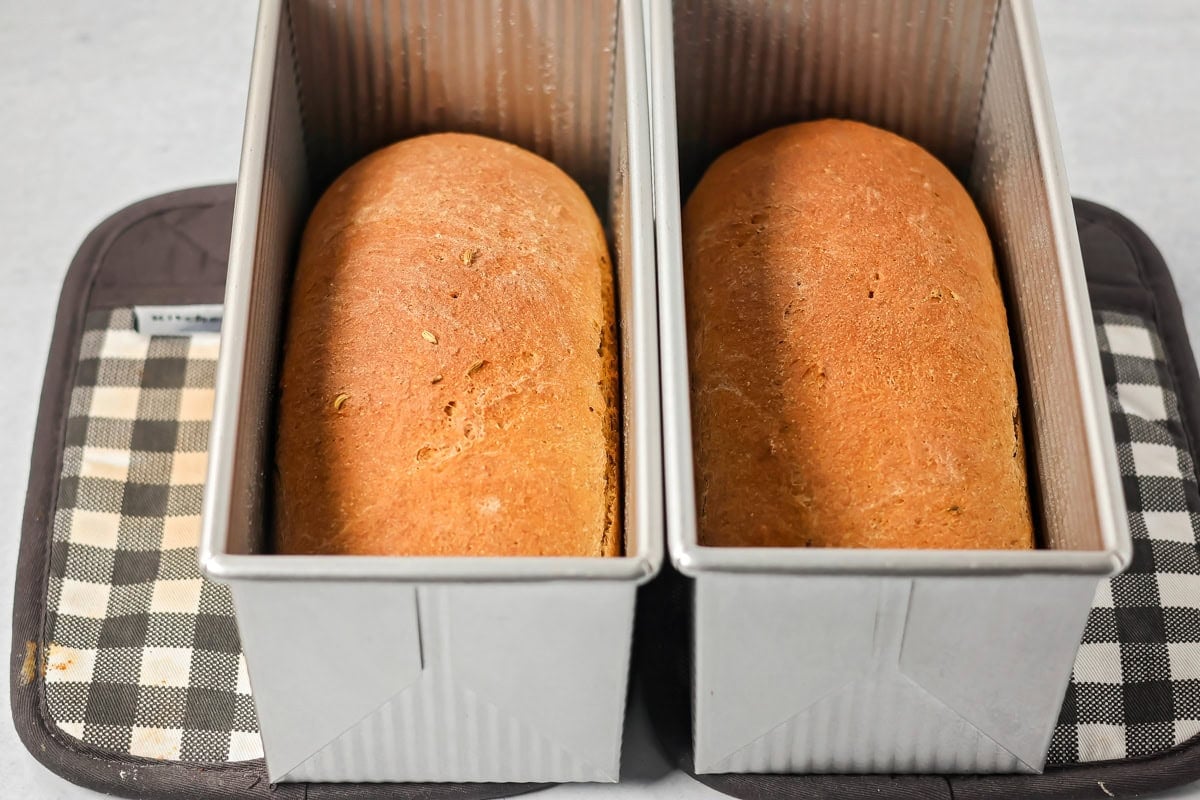 Two loaf pans of swedish limpa bread fresh from the oven.