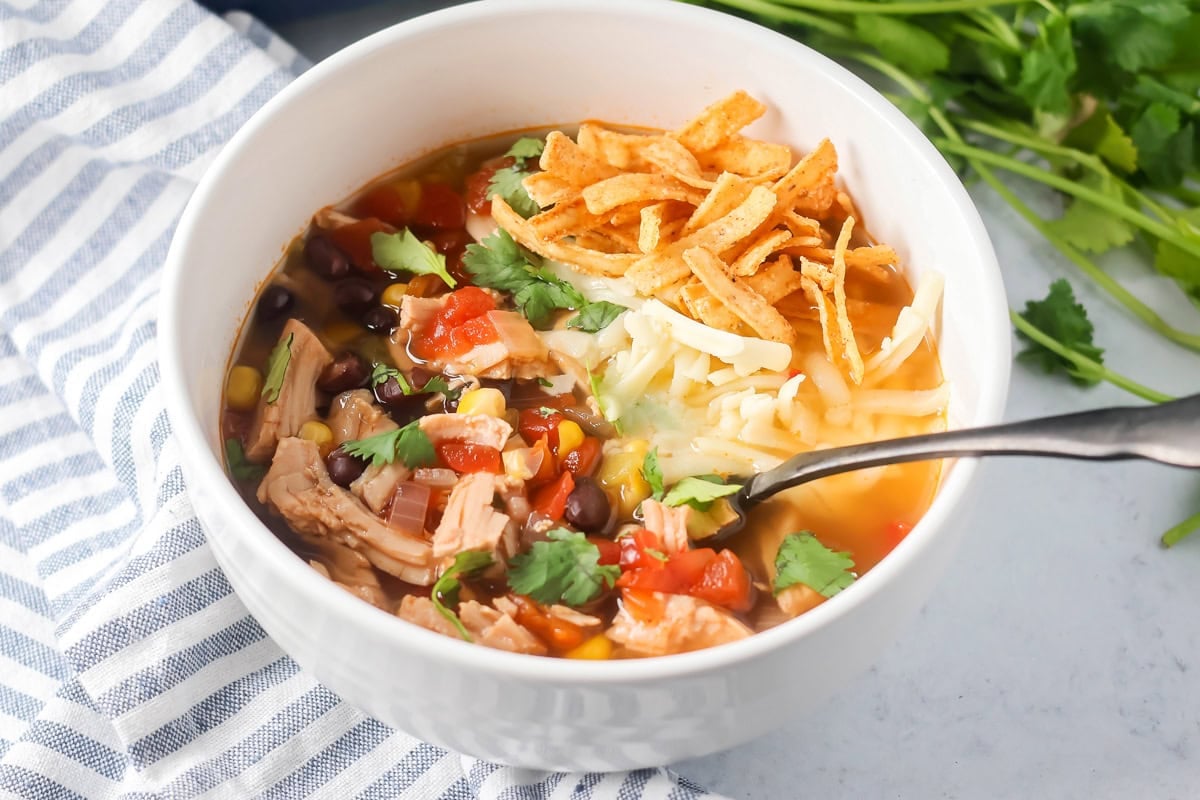 A bowl of turkey tortilla soup topped with tortilla strips.