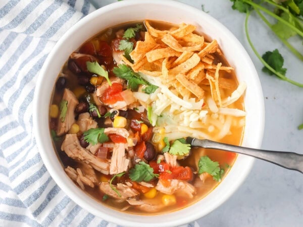 A bowl of turkey tortilla soup topped with tortilla strips.