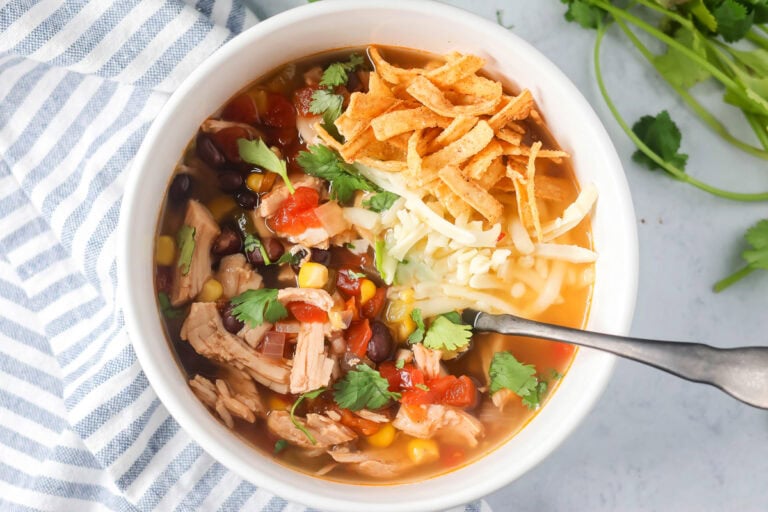 A bowl of turkey tortilla soup topped with tortilla strips.
