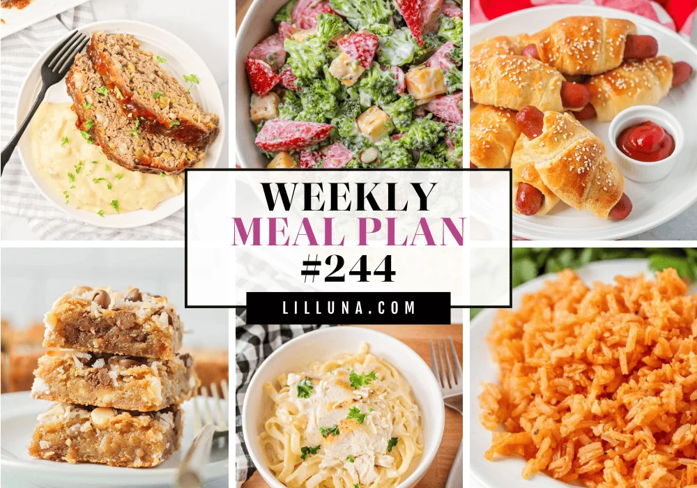 Week #244 of 6 dinner recipes, 6 sides, and 1 dessert! Plus, a free meal plan printable to keep track of your meals and groceries. A picture collage of Cracker barrel meat loaf, strawberry broccoli salad, pigs in a blanket, Congo bars, crock pot chicken alfredo pasta, and Spanish rice.