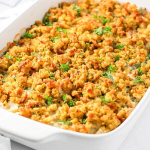 Baked chicken green bean casserole in a baking dish.