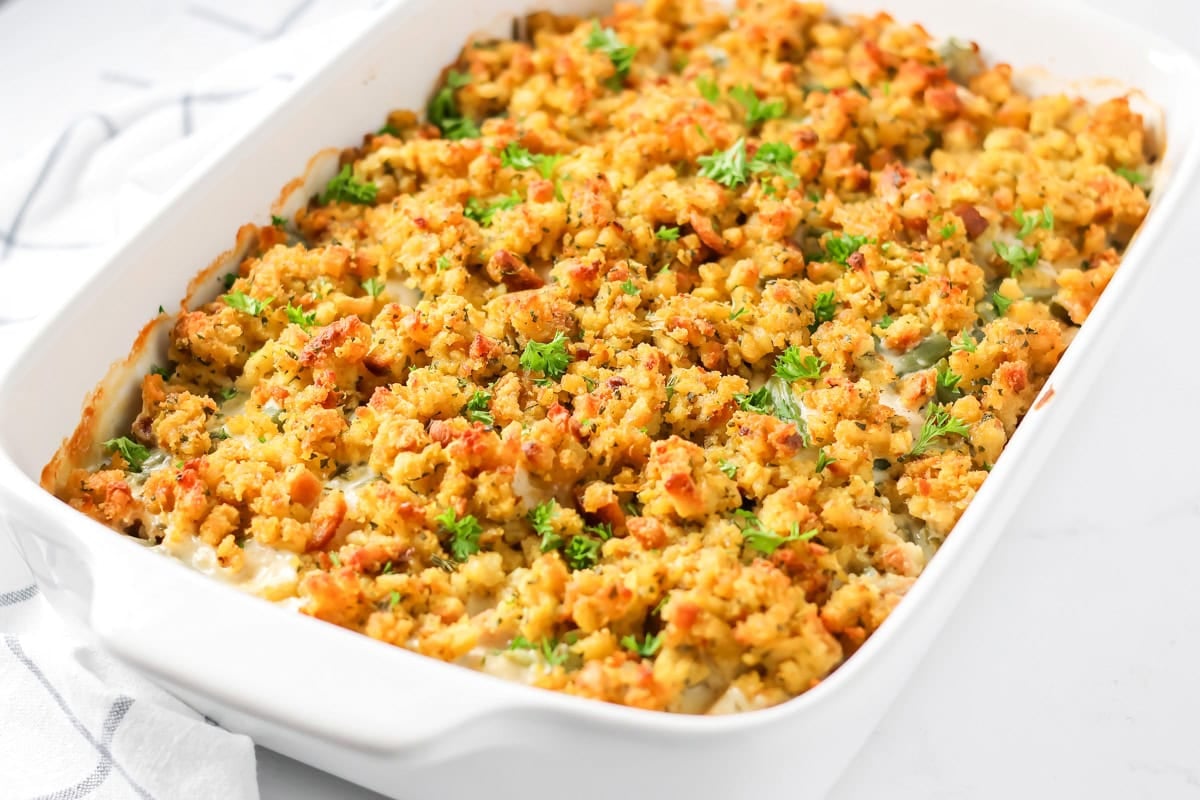 Baked chicken green bean casserole in a baking dish.