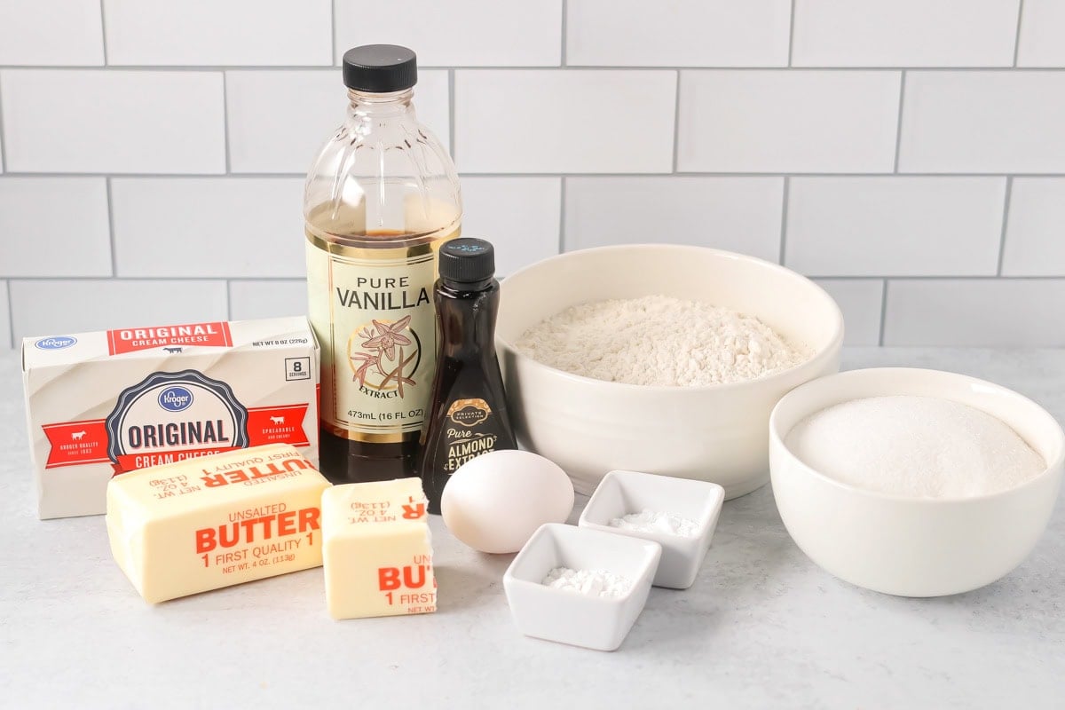 Christmas sugar cookie bars ingredients on a kitchen counter.