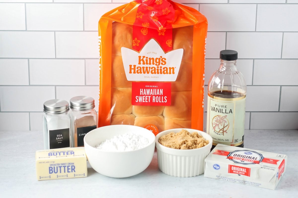 Hawaiian Roll Cinnamon rolls ingredients on a kitchen counter.