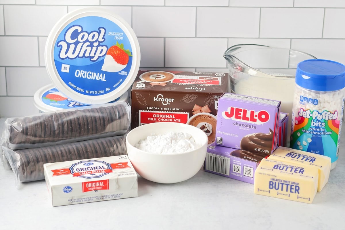 Ingredients for hot chocolate lasagna on a kitchen counter.