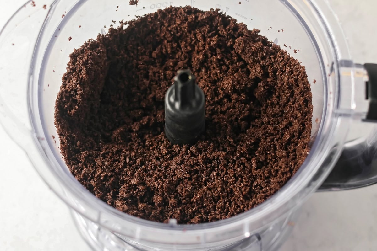 Blending crust for hot chocolate lasagna.