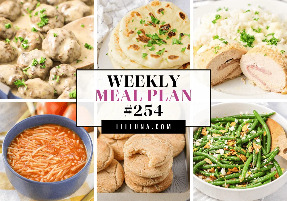 Photo collage featuring Swedish meatballs Naan bread, Easy Chicken Cordon Bleu, Sopa de fideo, brown butter snickerdoodles, and green bean almondine.